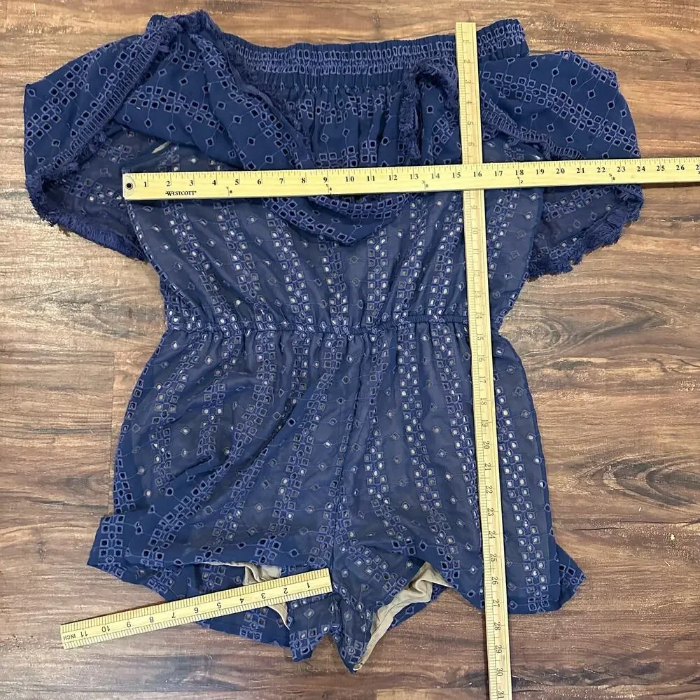Anthropologie Ranna Gill Tiered Eyelet Off Shoulder Ruffle Romper L Large Blue